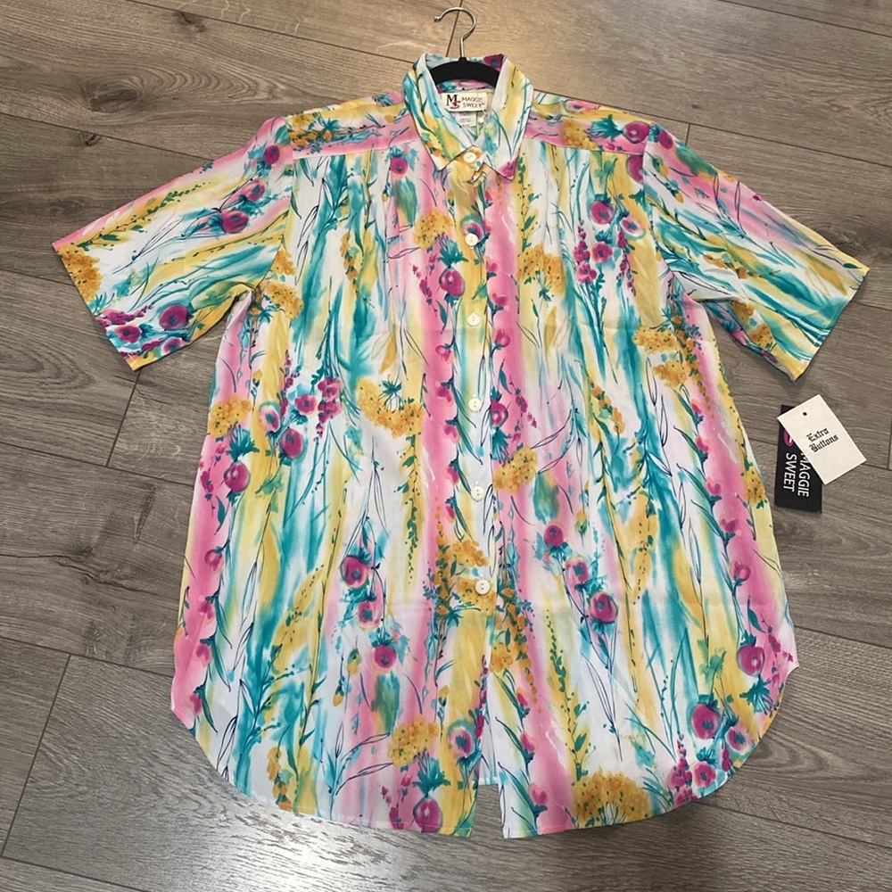 Maggie Sweet Watercolor floral Short Sleeve Blouse size M NWT Grannie-core NOS - Picture 3 of 9